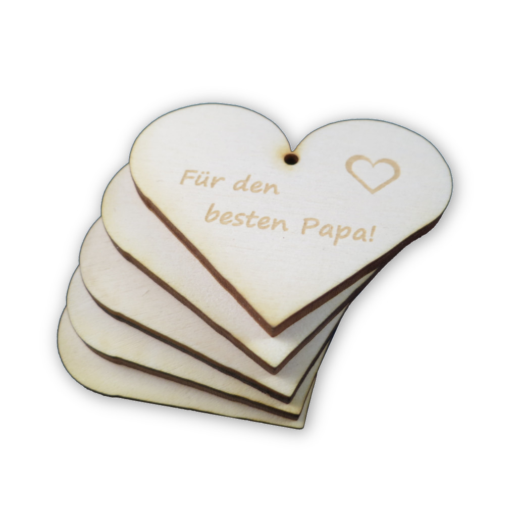 Geschenkanhänger Herz aus Holz mit Gravur "Für den besten Papa!" als Packung