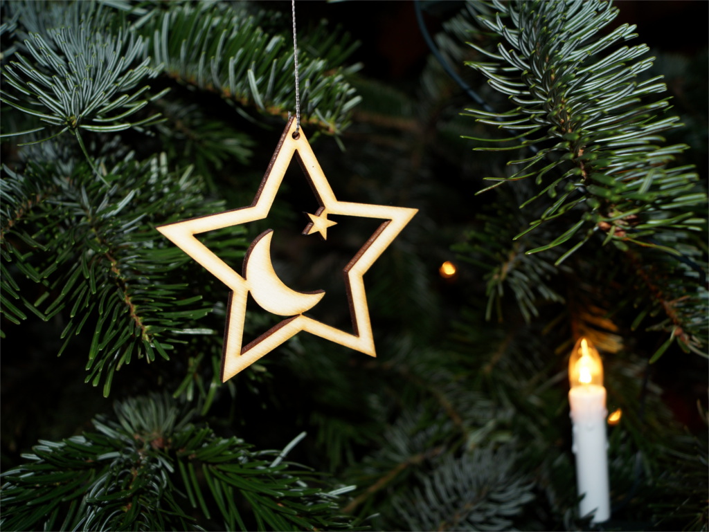 Weihnachten Baumschmuck aus Holz Mond mit Stern