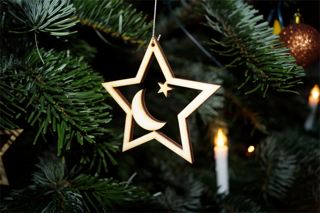 Weihnachten Baumschmuck aus Holz Mond mit Stern